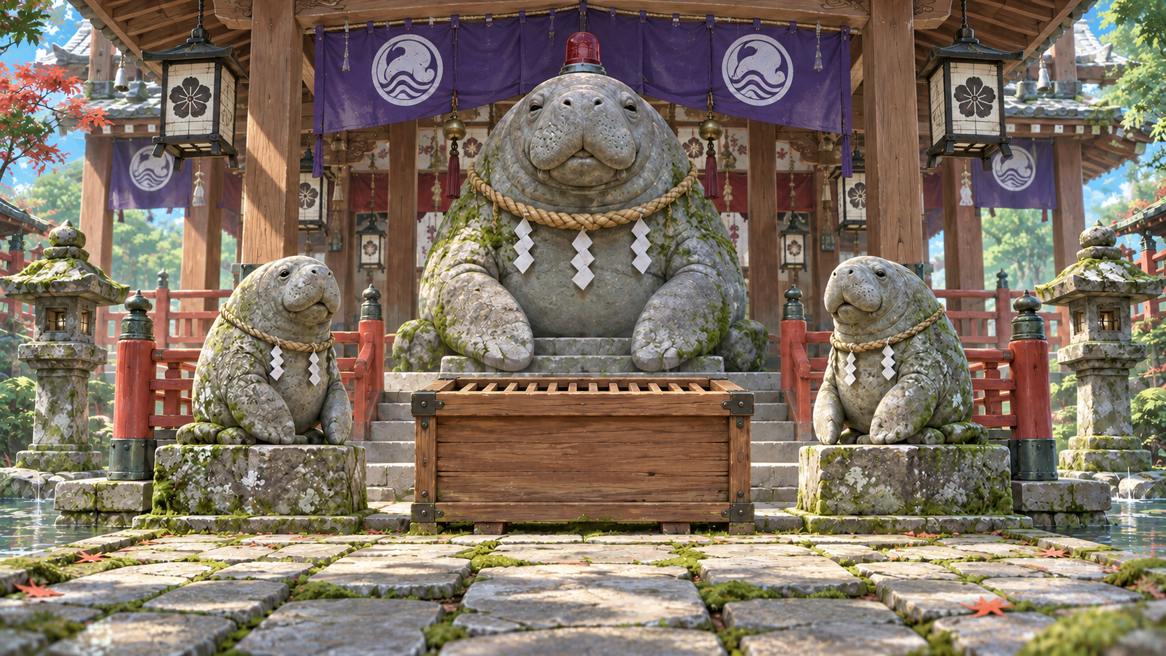 海中の神社。中央のGODマナティ石像と左右の石像、その手前に賽銭箱。